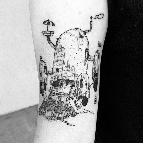 Adventure Time Treehouse Tattoo, Adventure Time Tree House Tattoo, Silly Tattoos, Portland Tattoo, Adventure Time Tattoo, Magic Runes, Autumn Tattoo, White Ink Tattoo, Line Work Tattoo