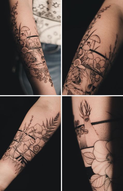 Feminine Tattoo Thigh, Stomach Tattoo Designs, Arm Cuff Tattoo, Tattoo Ideas Forearm, Natur Tattoo Arm, Feminine Tattoo Designs, Tato Paha, Feminine Tattoo Ideas, Cuff Tattoo