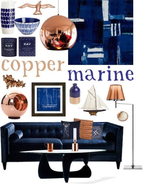 copper + marine Blue And Copper Living Room, Copper Living Room, Copper Bedroom, Navy Living Rooms, Navy And Copper, Copper Decor, Copper Accents, Blue Decor, Dream Decor