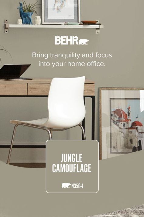 Discover Jungle Camouflage, a luxurious shade that brings tranquility and focus to your home office. Behr Bohemian Paint Colors, Behr Muted Sage, Muted Sage Behr Paint, Adobe Sand, Warm Neutral Paint Colors, Jungle Camouflage, Warm Grey Paint Colors, Best Gray Paint Color, Warm Gray Paint