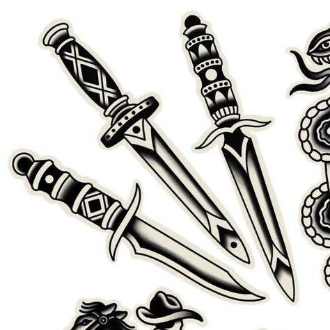 American Traditional Tattoos Knife, American Traditional Knife Tattoo, Trad Dagger Tattoo, Old School Knife Tattoo, Knife Traditional Tattoo, American Traditional Knife, American Trad Flash, Traditional Dagger Tattoo Design, Old School Dagger Tattoo