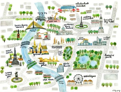 Map of Bangkok by Vicky Yang                                                                                                                                                                                 More Map Of Thailand Travel, Thailand Travel Journal, South Thailand Map, Bangkok Map, Bangkok Tourist Map, Map Illustrations, Thailand Attractions, Bangkok Tourist, Thai Travel