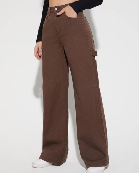 Wide Leg Jeans 45$ XS-S-M-L... Check more at PrettyTikTok.com Brown Wide Leg Jeans Outfit, How To Style Brown Jeans, Wide Leg Pants Aesthetic, Wide Leg Brown Jeans, Brown Jeans Outfit Women, Brown Wide Leg Pants Outfit, Brown Wide Leg Jeans, Brown Outfit Aesthetic, Brown Denim Pants