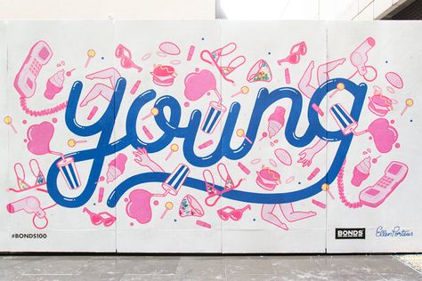 Bonds 100 Mural on Behance Wall Typography Design, Typographic Mural, Word Mural, Ellen Porteus, Text Mural, Type Mural, Wall Graphics Design, Mural Background, Message Wall