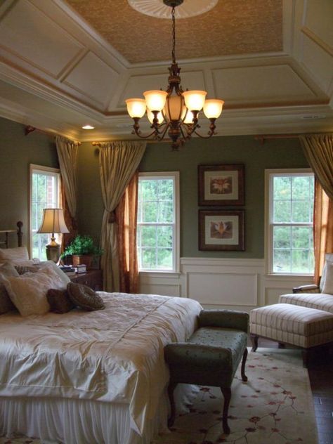 Now that is some serious molding! Vaulted Tray Ceiling Bedroom, Trey Ceiling Ideas Bedroom, Bedroom Tray Ceiling Paint Ideas, Tray Ceiling Ideas Bedroom, Tray Ceiling Paint Ideas, Tray Ceiling Paint, Vaulted Tray Ceiling, Bedroom Tray Ceiling, Tray Ceiling Bedroom