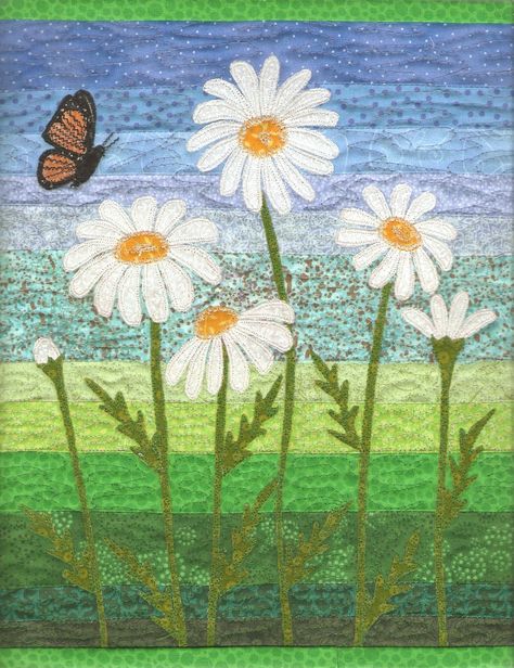 Daisies Applique Mini Art Quilt Daisy Applique Pattern, Postcard Quilts, Flower Applique Patterns, Collage Quilting, Quilt Journal, Daisy Applique, Daisy Quilt, Panel Quilt Patterns, Mug Rug Patterns