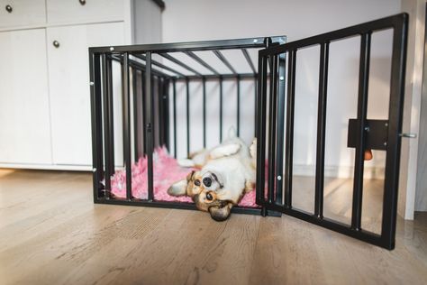 $25 TikTok Hack Lets You Hide A Dog Crate In Plain Sight | Apartment Therapy Dowel Projects, Box Hacks, Dog Crate Cover, Crate Cover, Potty Training Puppy, Throw In The Towel, Spoon Rests, Interactive Dog Toys, Crate Training