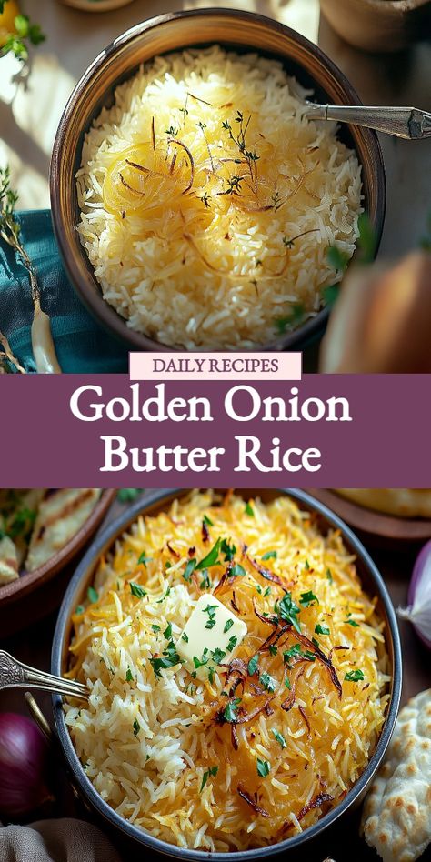 Onion Butter Rice, Golden Rice, Rice Pilaf Recipe, Buttery Onion Rice, Side Dish Recipe, Flavored Rice Butter Rice Recipe, Buttered Rice Recipe, Onion Butter, Magical Transformation, Fluffy Rice, Butter Rice, Gluten Free Chicken, Rice Recipe, Crowd Pleaser