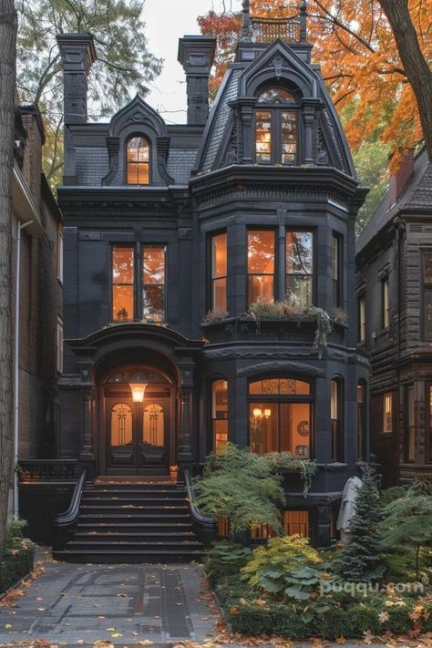 Black Brick House: Timeless Elegance for Your Home - Puqqu Dark Academia House Exterior, Modern Gothic House, Black Brick House, Dark Academia House, Victorian Gothic House, Academia House, Brownstone Homes, Townhouse Exterior, Aesthetic Architecture