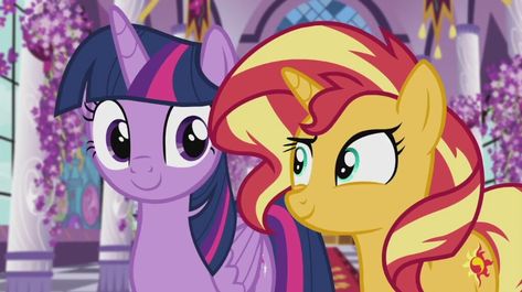 Twilight Sunset Shimmer, Twilight And Sunset Shimmer, Sunset Shimmer And Twilight Sparkle, Sunset Shimmer X Twilight Sparkle, Twilight Sparkle And Sunset Shimmer, Sunset And Twilight, Mlp Drawing, Mlp Aesthetic, Sparkle Image