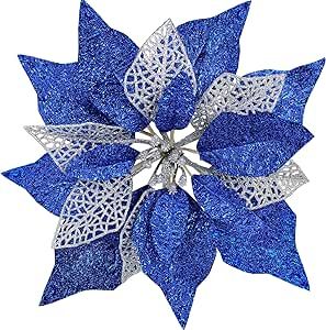 Blue And Silver Christmas Tree Ideas, Christmas Wedding Flowers, Christmas Tree Wreaths, Fabric Petals, Holiday Floral Arrangements, Tree Wreaths, Blue Christmas Decor, Poinsettia Flowers, Christmas Gift Packaging