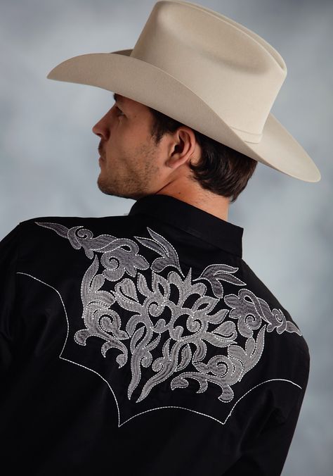 Mens Embroidered Western Shirt - "Rushmore" - This is one good lookin' Old West style shirt with fancy tribal embroidery on front and back yokes, contrast stitching and twill tape on inside collar band. Mens Shirt Back Yoke Design, Mens Cowboy Style, Logan Maxwell, Embroidered Western Shirt, Gents Shirts, Applique Jacket, Mens Western Wear, Gents Kurta, Felt Cowboy Hats