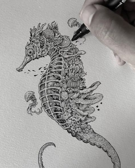 Coral seahorse and jellyfish by K. Rosanes Coral Artwork, Seahorse Drawing, Coral Drawing, Seahorse Tattoo, Seahorse Art, Coral Art, Sketches Simple, Inspirational Artwork, Black And White Drawing