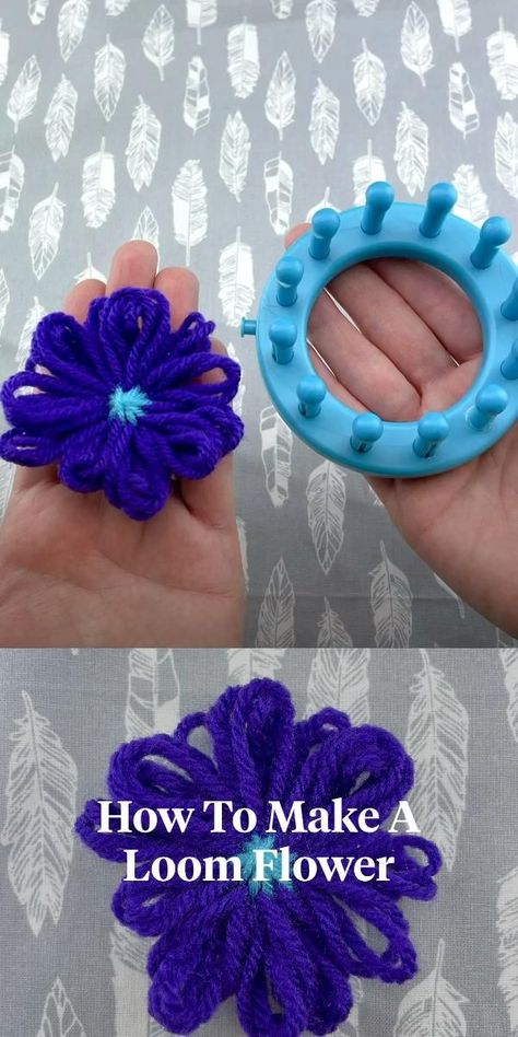 Loom Knitting Flowers Tutorials, Loom Yarn Projects, Loom Knitting Flowers, Loom Craft Ideas, Loom Flowers How To Make, Flower Loom Tutorial, Loom Knitting Stitches For Beginners, Circle Loom Knitting Projects, How To Loom Knit For Beginners