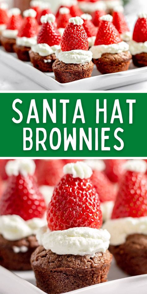 Strawberry Santa Hat Brownies are the perfect Christmas treat to serve at your family gathering. Rich, chocolatey brownies topped with fresh whipped cream and sweet strawberries come together to make a darling and great-tasting festive treat. Santa Hat Brownies, Strawberry Santa Hats, Strawberry Santa, Whipped Cream And Strawberries, Strawberry Santas, Pink Ninja, Cream And Strawberries, Christmas Brownies, Fudgy Brownie Recipe