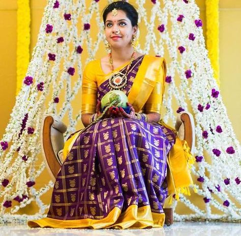 Purple and Yellow Wedding Saree - Saree Blouse Patterns Yellow Wedding Saree, Purple And Yellow Wedding, Yellow Blouse Designs, Party Wear Long Gowns, Mirror Work Blouse Design, Bride Attire, Indian Celebrity, Bridal Sarees South Indian, Silk Sarees Online Shopping