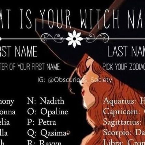 Belneus on Instagram: "Your witch name, courtesy of the imaginative @obscurioussociety Mine would be Thor Bloodstone…. I can definitely accept that one. #witch #witchy #fun #names #puzzle #game #humor" Witches Names Woman, Witch Names Generator, Witchy Last Names, Witchy Games, Witch Name Generator, Witchy Names, Fun Names, Witch Names, Magic Spell Book