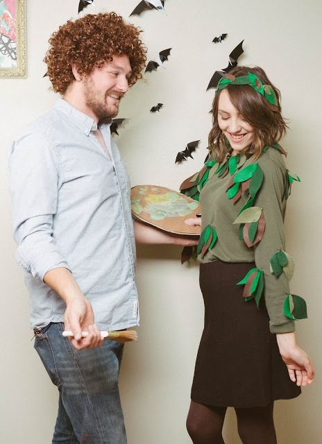 Bob Ross couple's costume via Rags and Roses Easy Diy Couples Costumes, Bob Ross Costume, Couple's Costume, Tree Costume, Diy Couples Costumes, Diy Tree, Halloween Pins, Happy Tree, Clown Makeup