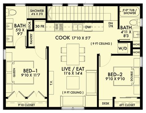 This garage apartment plan gives you two beds and two baths (889 sq. ft.) set above a 3-car garage (528 sq. ft.). The back of the garage has a storage closet under the stairs, a mechanical closet and a foyer with 6' coat closet accessible from outside. Stairs running along the back take you to the apartment which is designed with a split bed layout with each side having its own bathroom. The center portion of the apartment has a kitchen lining the back with a living/dining space with windows loo Over The Garage Apartment Plans, Apartment Garage Ideas, 3 Car Garage With Apartment Above, Studio Apartment Garage, Above Garage Apartment Interior, Mechanical Closet, Garage Apartment Ideas, Garage With Apartment Above, Garage Loft Apartment