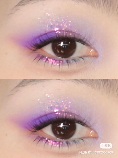 Eyeshadow Makeup Korean, Eye Makeup For Small Eyes, Eyeshadow Makeup Tutorial, Shine Makeup, Full Makeup Tutorial, Purple Makeup Looks, Beginners Eye Makeup, Purple Eye Makeup, Cute Eye Makeup