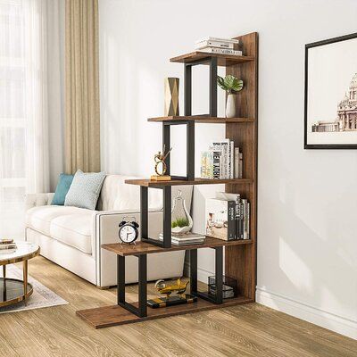 The storage shelves' size: 70.5 x 24 x 157 cm, 5-layer partition design, very suitable for your favourite books / small accessories / family photos, etc. | Latitude Run® Ladder Bookshelf, 5-Tier Wood Corner Bookshelf, Rustic Ladder Shelf For Living Room, Bedroom, Home Office, Rustic Brown black | C006604665_2052698212_2052698213 | Wayfair Canada Furnitur Ruang Keluarga, Corner Bookshelves, Muebles Living, Etagere Bookcase, Inspire Me Home Decor, Lounge Decor, Design Del Prodotto, Decoration Inspiration, Wooden Storage