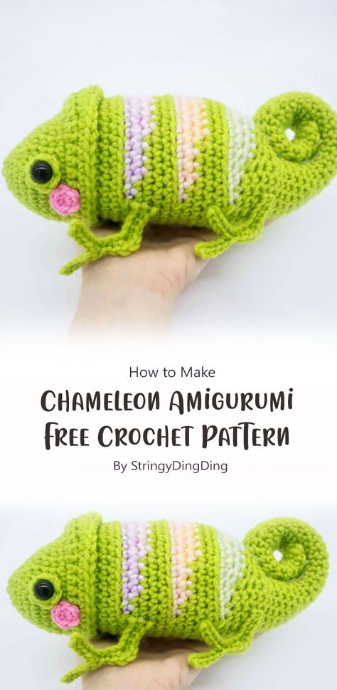 This free crochet pattern by StringyDingDing enables crafters of all levels to embark on a delightful journey of creating their very own crocheted chameleon. Chameleon Crochet Pattern, Chameleon Crochet, Crochet Chameleon, Chameleon Pattern, Knitted Stuffed Animals, Pattern Ideas, Crochet Stitches Tutorial, Amigurumi Free, Amigurumi Free Pattern