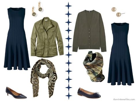 Two ways to wear a navy dress with olive or moss green accents Olive Core, Navy Dress Outfits, What To Wear In Italy, Maxi Dress Outfit Fall, Neutral Dress, The Vivienne Files, Vivienne Files, Cardigan Outfit, Monochromatic Outfit