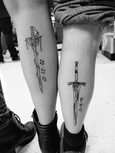 Our wedding date with his and her swords. ❤ #swordtattoo #coupletattoo #tattoo #ink #hisandhers Norse Couples Tattoo, Couples Lotr Tattoos, Viking Couple Tattoo, Couple Tattoo Ideas Unique, His And Hers Tattoos, Cross With Wings Tattoo, Fate Tattoo, Marriage Tattoos, Him And Her Tattoos