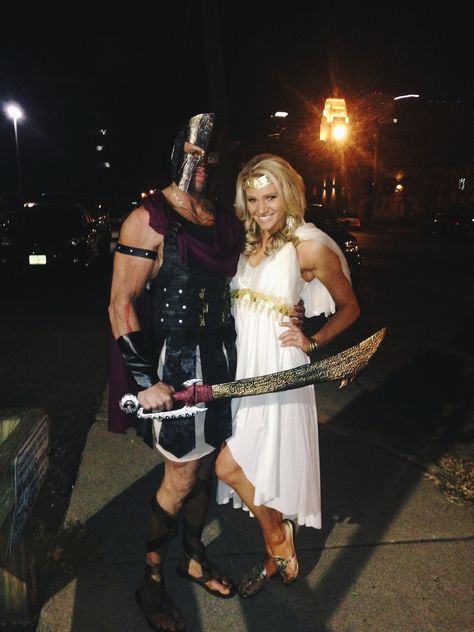 Couples halloween costume, greek goddess, greek warrior! My hubby and I :) Warrior Couple Costume, Greek Couples Costumes, Gladiator Couple Costume, Greek Goddess Costume Couple, Greek Couple Costume, Greek God Couple Costume, Greek God And Goddess Costume Couple, Greece Halloween Costumes, God And Goddess Costume Couple