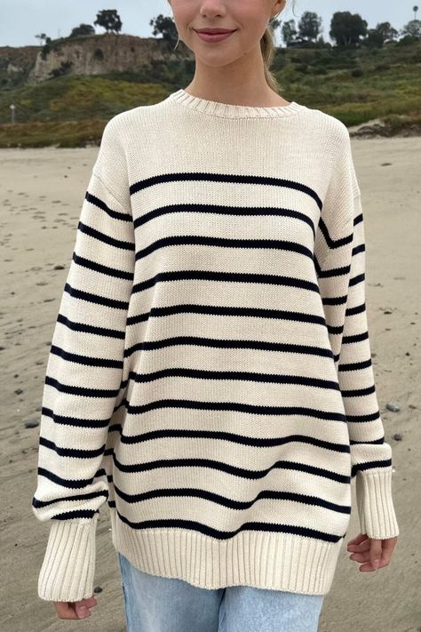 Brandy Sweater, Cotton Sweaters, Drop Shoulder Sweaters, Cotton Cardigan, Tee Outfit, Sweaters Crewneck, Cotton Sweater, Stripe Sweater, White Tops