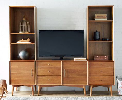 Midcentury Media Tower and Console Set at West Elm Midcentury Wallpaper, Mid Century Media Console, Mid Century Console, Modern Media Console, 60s Furniture, Desain Furnitur Modern, Door Price, Media Furniture, Oak Panels