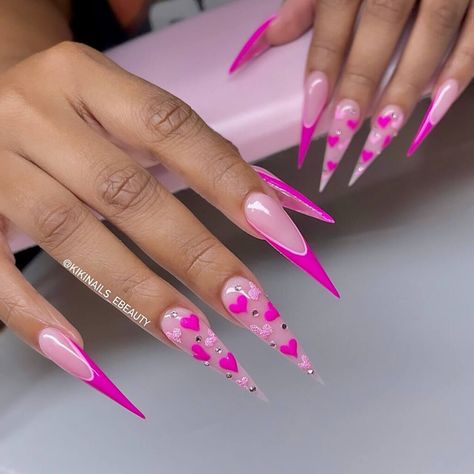 Nails Light Pink And Hot Pink Nails, Hot Pink Bling Nails, Pink Manicure Ideas, Christmas Nails Stiletto, Stiletto Nails Pink, Nails Pink Coffin, Nails Cute Pink, Nails Pink Ombre, Pink Matte Nails