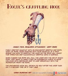 Rogue's grappling hook Dnd 5e Grappling Hook, Grappling Hook Drawing, Homebrew Artificer Items, Fantasy Grappling Hook, Grappling Hook Fantasy, D&d Armor Items, Dnd Rogue Poses, Random Dnd Items, Dungeons And Dragons Armor