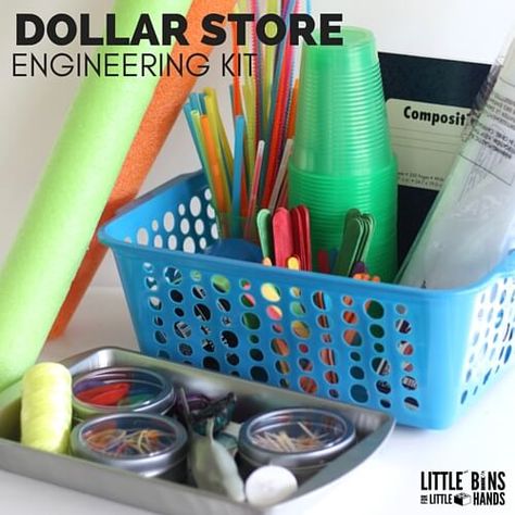 Put together a dollar store engineering kit for awesome and affordable STEM activities and projects anytime! DIY dollar store engineering kit for all ages. Stem Supplies, Tinker Tray, Kids Stem Activities, Steam Ideas, Preschool Stem, Engineering Activities, Stem Kits, Steam Activities, Stem For Kids