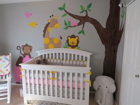 Project Nursery - Girl Gray and Pink Animal Nursery Crib Pink Animal Nursery, Dinosaur Toddler Room, Project Nursery Girl, Disney Themed Rooms, Candy Darling, Animal Baby Room, Girl Nursery Pink, Safari Theme Nursery, Baby Nursery Art