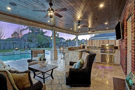 patio cover Friendswood Outdoor Covered Patio, Outdoor Living Rooms, Patio Kitchen, Backyard Kitchen, Outdoor Kitchen Patio, Patio Interior, Backyard Pool Designs, Backyard Living, Dream Backyard