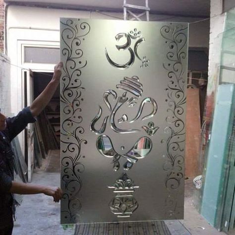 Crystal work Pooja Door Glass Design Etching, Om Glass Design, Glass Etching Designs For Pooja Room, Ganesh Glass Design, Front Door Frosted Glass Design, Frosted Glass Design For Mandir, Etched Glass Door For Pooja Room, Mandir Glass Door Design, Pooja Door Design