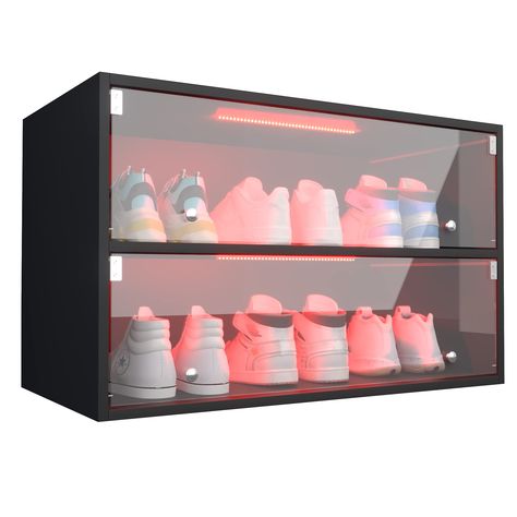 PRICES MAY VARY. Elegant Wood Construction: Crafted with premium wood for a sturdy and stylish display of up to 6 pairs of sneakers. Glass Door Protection: Each pair is protected behind precision-cut, thick glass doors that keep dust out and style in. Customizable LED Lighting: Showcase your sneakers in any hue with over 10 color options, easily controlled via remote for the perfect ambiance. Space-Saving Design: Our sneaker cabinet is wall-mountable with straps included, saving valuable floor s Black Glass Door, Shoe Storage Bins, Shoe Display Case, Wooden Shoe Storage, Shoe Box Storage, Sneaker Storage, Led Shoes, Favorite Shoes, Rgb Led Lights