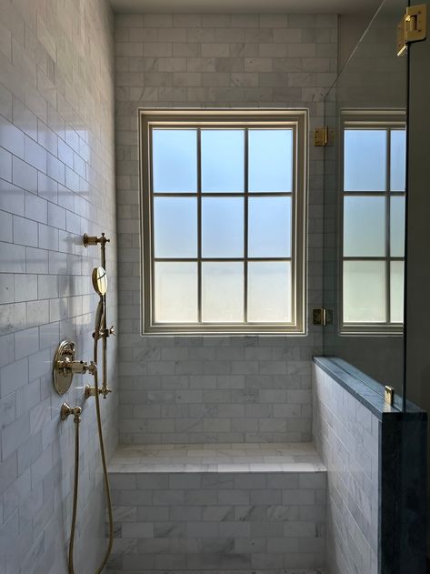 PROJECT-SPRING-CREEK — W DESIGN COLLECTIVE Tub In Shower, Built In Tub, W Design Collective, Vanity In Bathroom, Tile Combinations, Frosted Glass Window, Window In Shower, Bathroom Shower Design, Bathroom Retreat