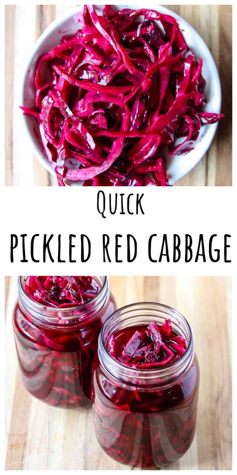 Quick Pickled Red Cabbage is super easy to make and it adds a beautiful pop of color and tangy crunch to tacos, burgers, salads, rice bowls, and much, much more. It's a versatile, delicious and nutritious condiment that's great to have in the fridge. Cabbage Canning, Pickled Vegetables Recipe, Pickled Red Cabbage, Red Cabbage Recipes, Quick Pickled Red Onions, Comfort Recipes, Red Cabbage Slaw, Quick Pickled, Pickled Cabbage