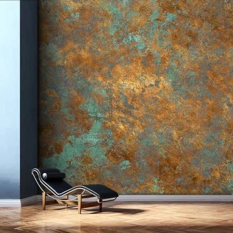 Art Deco Country House, Copper Patina Wallpaper, Copper Leaf Wall, Large Bedroom Art, Copper And Green Living Room, Green And Copper Kitchen, Speakeasy Wallpaper, Teal And Copper Bedroom, Copper Interior Design