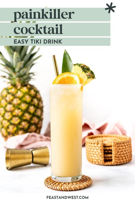 This Painkiller drink is full of sunshine and tropical flavors. With dark rum, orange, pineapple and coconut, it's like vacation in a glass. Pineapple Coconut Drink, Painkiller Drink, Painkiller Recipe, Soggy Dollar Bar, Painkiller Cocktail, Hawaiian Chicken Recipes, Mango Pineapple Smoothie, Tiki Cocktail, Pineapple And Coconut