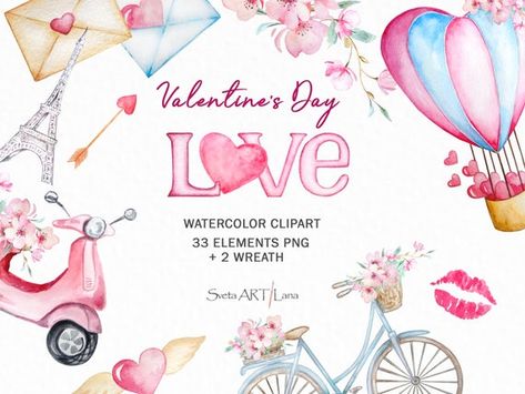 Balloons Flowers, Valentine's Day Illustration, Valentine Candy Hearts, Valentines Watercolor, Love Clipart, Watercolor Birds, Valentines Day Clipart, Watercolor Elements, Watercolor Bouquet