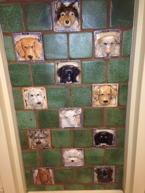 Decorative ceramic dog tiles installation at McKamey Animal Center, Chattanooga, TN Tiles Installation, Room Tiles Floor, Vet Practice, Kitchen Tiles Design, Vet Clinic, Ceramic Dog, Pottery Inspiration, Room Tiles, Dog Rooms