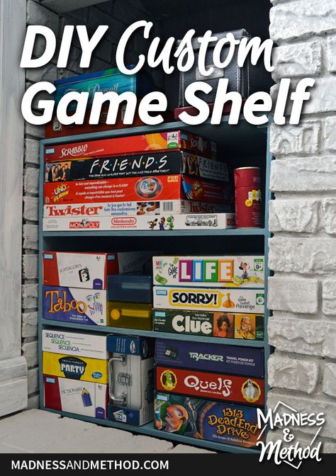 I had the idea to turn the unused hole near our fireplace into usable storage and decided to build a custom game shelf to hold all our board games! Game Shelf, Sweet Revenge, Fireplace Decor, The Plan, Diy Blog, Table Games, Outdoor Projects, Diy Custom, Board Games