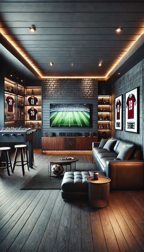 21 Jaw-Dropping Man Cave Decor Ideas You Must See to Believe! 🕶️🎱 Masculine Basement Decor, Navy Blue Man Cave, Upscale Man Cave, Football Basement Ideas, Man Cave Accent Wall, Man Cave Lighting Ideas, Basement Man Caves, Modern Man Cave Ideas, Football Man Cave Ideas