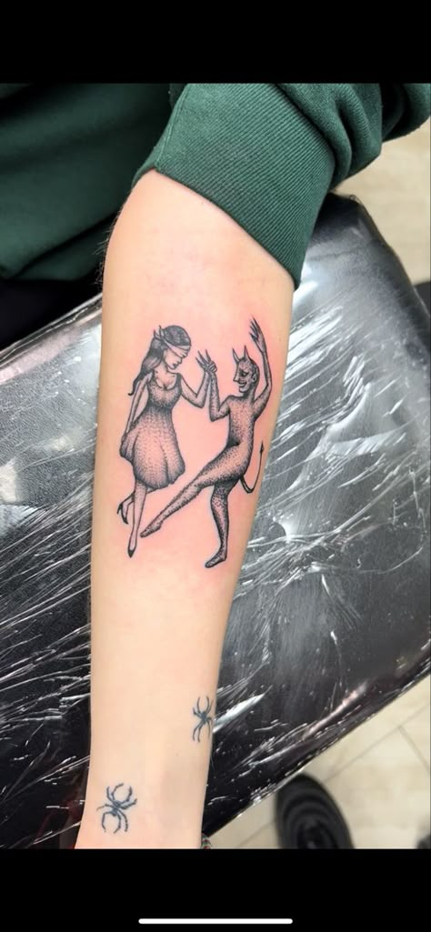 Dancing with the devil tattoo. A blindfolded women dancing with the devil. Woman With Blindfold Tattoo, Dance With The Devil Tattoo, Blindfolded Woman Tattoo, Blindfold Tattoo, Devil Tattoo For Women, Female Devil Tattoo, Dancing With The Devil Tattoo, Small Devil Tattoo, Cute Devil Tattoo