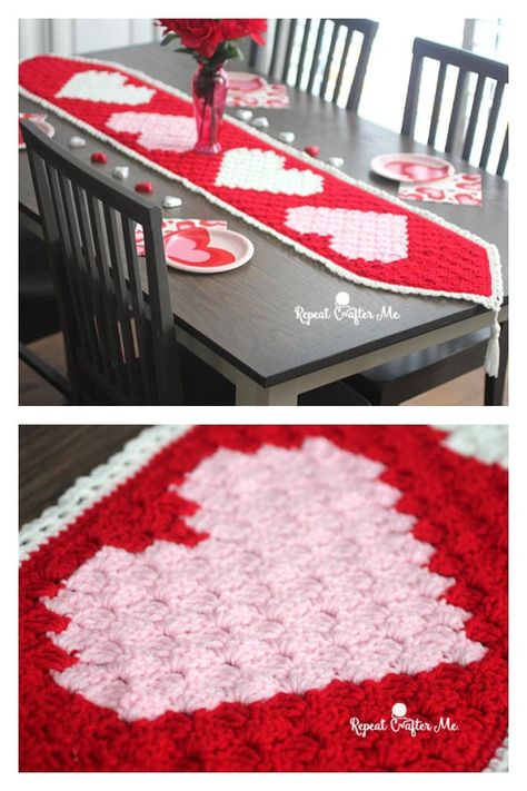 Crochet Heart Patterns, Heart Table Runner, Crochet Heart Blanket, Crochet Valentine Patterns, Heart Table, Crochet Garland, Crochet Table Runner Pattern, Crochet Heart Pattern, Dishcloth Crochet Pattern