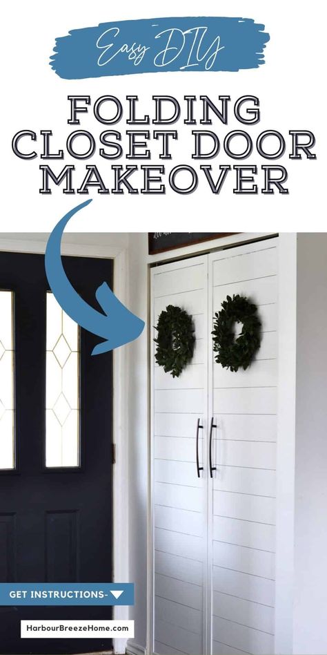 From ugly hinged bi-fold doors to Modern Farmhouse French doors with ship-lap! Learn how easy it is with this step by step tutorial. Bifold Door To French Door, Laundry Room Door Ideas Bifold, Farmhouse French Doors, Accordian Door, Door Redo, Bifold French Doors, Bifold Doors Makeover, Folding Closet Doors, Beautiful French Doors