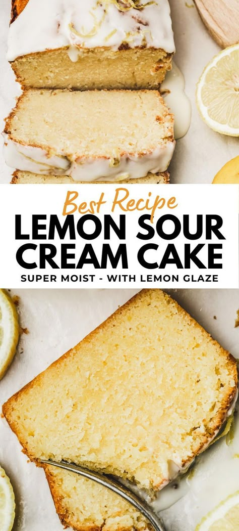 Elevate your dessert game with our Lemon Sour Cream Cake, boasting unrivaled moistness and flavor. Bursting with lemony goodness, this easy-to-make cake from scratch features a velvety texture enhanced by tangy sour cream. Drizzle it with a lemon glaze for a truly unforgettable treat. Experience the best in every bite! Lemon Pound Cake With Sour Cream, Lemon Cake With Sour Cream, Lemon Loaf With Sour Cream, Cakes Using Sour Cream, Sour Cream Lemon Pound Cake, Lemon Loaf Cake Mix Recipes, Lemon Tea Cakes Recipes, Sour Cream Desserts Easy, Lemon Cake Moist